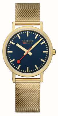 Mondaine Classique | 36mm | cadran bleu | bracelet en maille d'or ip A660.30314.40SBM