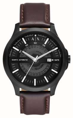 Armani Exchange Hommes | cadran noir | bracelet en cuir marron AX2446