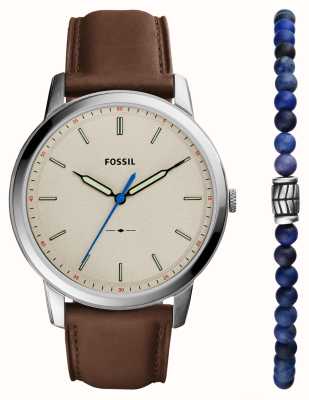 Fossil Le coffret minimaliste | cadran beige | bracelet en cuir marron | bracelet en perles bleues FS5966SET