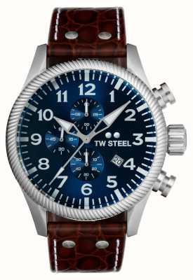 TW Steel Volant homme | cadran chronographe bleu | bracelet en cuir marron VS111