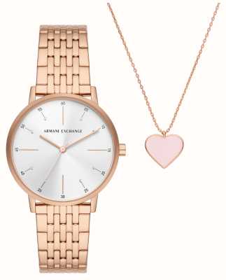 Armani Exchange Coffret cadeau femme | montre en acier inoxydable or rose | collier coeur rose AX7145SET