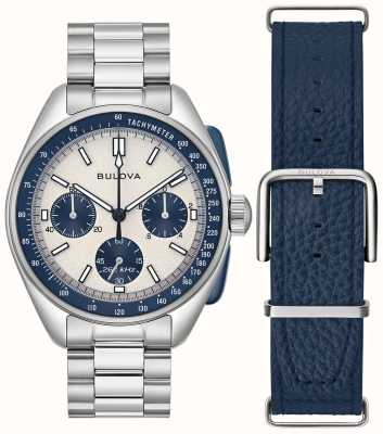 Bulova Ensemble chronographe pilote lunaire Héritage pour homme | cadran blanc | bracelets en cuir bleu acier inoxydable 98K112