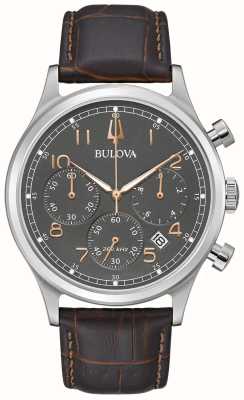 Bulova Chronographe de précision pour homme | cadran gris | bracelet en cuir marron 96B356