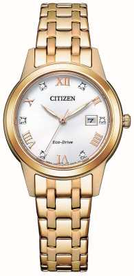 Citizen Cristal de silhouette féminine | éco-conduite | cadran blanc | bracelet en acier inoxydable doré FE1243-83A