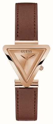 Guess Bracelet en cuir marron pour femme avec cadran triangulaire en or rose GW0548L2