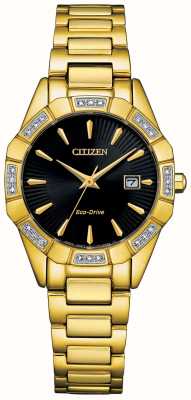 Citizen Bracelet en acier inoxydable doré pour femme avec cadran noir eco-drive et diamants EW2652-55E