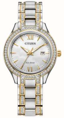 Citizen Bracelet en acier inoxydable bicolore avec cadran en nacre cristal et silhouette eco-drive pour femme FE1234-50D