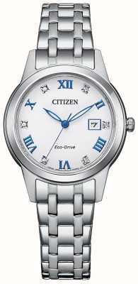 Citizen Bracelet en acier inoxydable pour femme avec cadran blanc et cristal eco-drive FE1240-81A