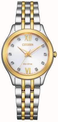 Citizen Bracelet en acier inoxydable bicolore pour femme avec cadran blanc eco-drive et diamants EM1014-50A