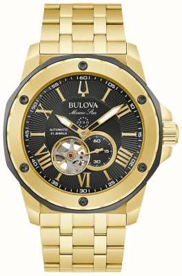 Bulova Montre homme étoile marine automatique cadran noir / bracelet acier inoxydable doré 98A273