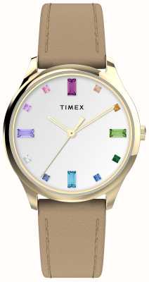 Timex Bracelet en cuir marron avec cadran en cristal arc-en-ciel blanc Main Street pour femme TW2V76300