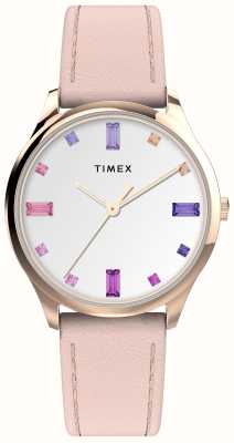 Timex Bracelet en cuir rose pour femme avec cadran en cristal blanc Main Street TW2V76400