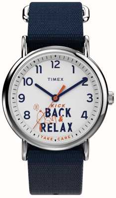 Timex Peanuts x weekender snoopy relax et relax cadran blanc / bracelet en tissu bleu TW2V41900