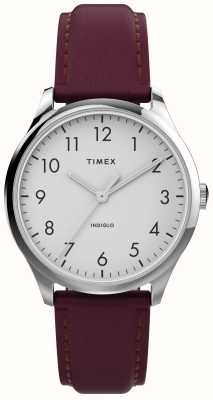 Timex Cadran blanc facile à lire pour femme / bracelet en cuir bordeaux TW2V36100