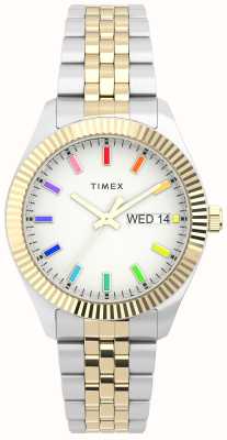 Timex Bracelet en acier inoxydable bicolore à cadran blanc arc-en-ciel pour femme TW2V61600