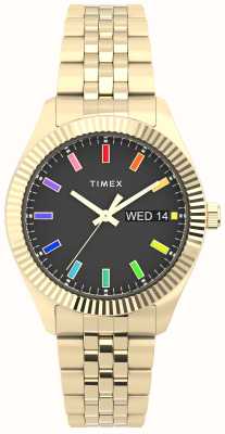 Timex Bracelet en acier inoxydable doré pour femme avec cadran noir et arc-en-ciel Legacy TW2V61800