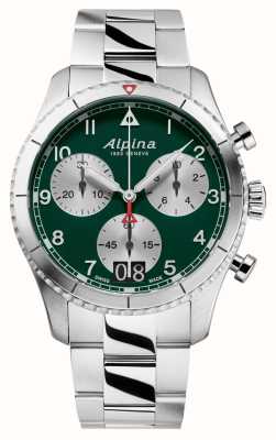 Alpina Startimer pilot quartz chrono grande date (41mm) cadran vert / acier inoxydable AL-372GRS4S26B
