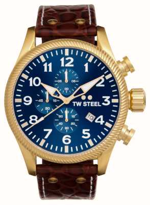 TW Steel Volante (48mm) cadran chronographe bleu / bracelet cuir marron VS114