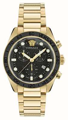 Versace Cadran chronographe noir dôme greca pour homme / bracelet en acier inoxydable doré VE6K00523
