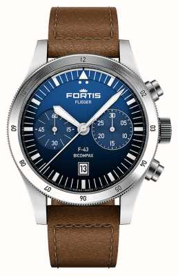 FORTIS Flieger f-43 bicompax liberty bleu (43mm) bracelet aviateur cuir marron teck F4240013