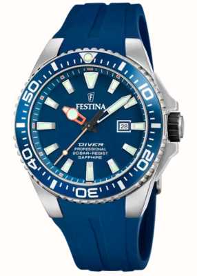 estina Montre de plongée pour homme (45,7 mm) cadran bleu / bracelet en caoutchouc bleu F20664/1