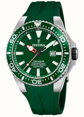 estina Montre de plongée pour homme (45,7 mm) cadran vert / bracelet en caoutchouc vert F20664/2