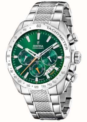 Festina Chronographe pour homme (44,5 mm) cadran vert / bracelet en acier inoxydable F20668/3