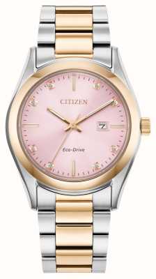 Citizen Cadran rose serti de diamants eco-drive (33 mm) pour femme / bracelet en acier inoxydable bicolore EW2706-58X