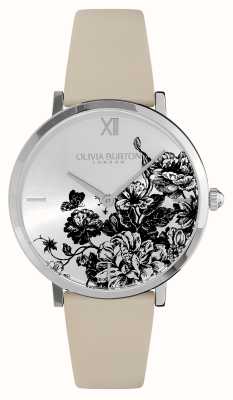 Olivia Burton Cadran argenté fleurs florales / bracelet cuir beige 24000113