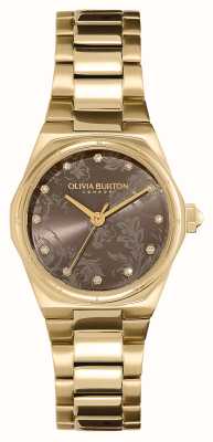 Olivia Burton Mini hexa (28mm) cadran marron / bracelet acier inoxydable doré 24000107