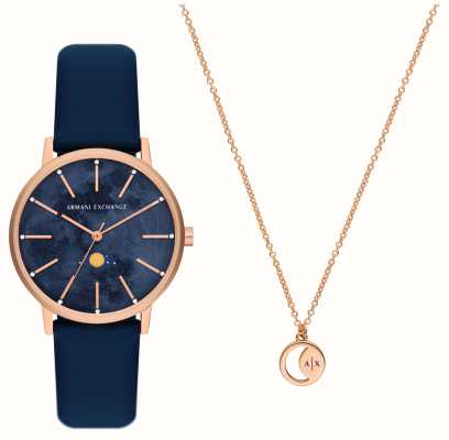 Armani Exchange Coffret cadeau femme (36 mm) cadran phases de lune bleu / bracelet cuir bleu avec collier assorti AX7149SET
