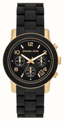 Michael Kors Cadran chronographe noir Runway (38 mm) / bracelet en acier inoxydable enveloppé de silicone noir MK7385