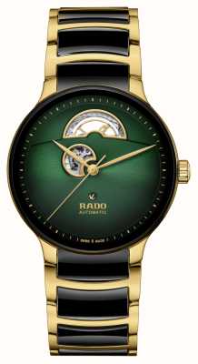 RADO Centrix automatique à cœur ouvert (39,5 mm) cadran vert / bracelet en acier inoxydable doré en céramique noire R30008302
