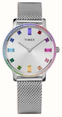 Timex Bracelet en maille d'acier inoxydable pour femmes (34 mm), cadran argenté, cristaux arc-en-ciel TW2W19100