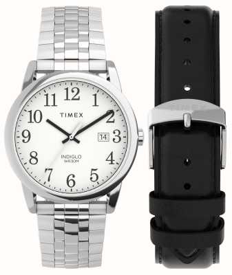 Timex Coffret homme facile à lire (38 mm) cadran blanc / ensemble acier inoxydable et bracelet cuir noir TWG063200