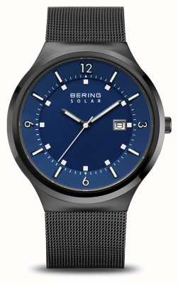 Bering Montre solaire pour homme (42 mm) avec cadran bleu / bracelet en maille d'acier inoxydable noir 14442-227