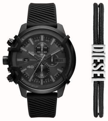 Diesel Coffret cadeau à griffes pour homme (48 mm), cadran chronographe noir / bracelet en silicone noir DZ4650SET
