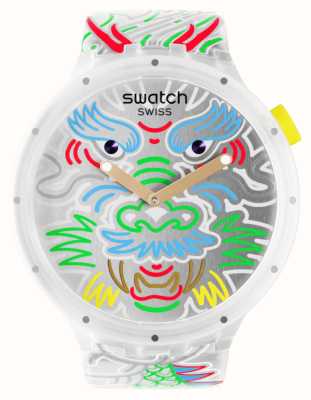 Swatch Dragon dans un nuage (47 mm) cadran argenté à motifs / bracelet en silicone à motifs SB05Z102