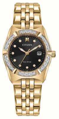 Citizen Corso eco-drive (28 mm) pour femme, cadran noir / bracelet en acier inoxydable doré EW2712-55E