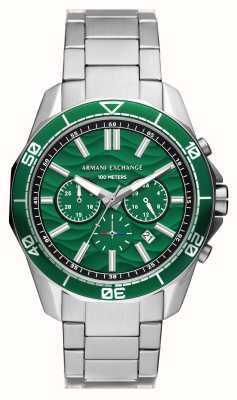 Armani Exchange Cadran chronographe vert pour homme (44 mm) / bracelet en acier inoxydable AX1957