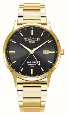 Roamer R-line gmt (43 mm) cadran noir / bracelet interchangeable en acier inoxydable doré et bracelet en cuir noir 990987 48 85 05