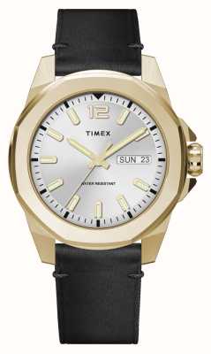 Timex Essex ave day-date (46 mm) cadran argenté / bracelet en cuir noir TW2W43200