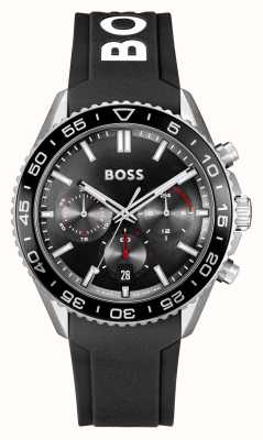 BOSS Cadran chronographe noir Runner (43 mm) pour hommes / bracelet en silicone noir 1514141