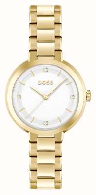BOSS Sena (34 mm) pour femme, cadran blanc/bracelet en acier inoxydable doré 1502758