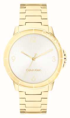 Calvin Klein Cadran blanc vif (36 mm) pour femme / bracelet en acier inoxydable doré 25100023