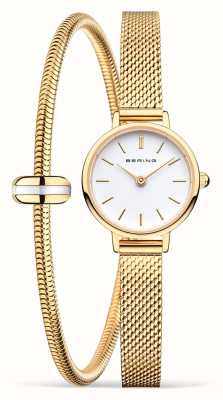 Bering Coffret cadeau classique pour femme (22 mm), cadran blanc / bracelet en maille d'acier inoxydable doré 11022-334-LOVELY-1-GWP190