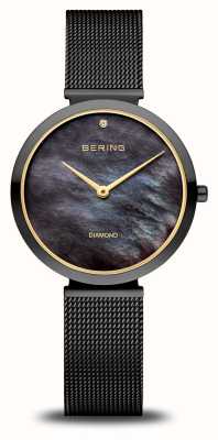 Bering Cadran nacre noire classique (32 mm) pour femme / bracelet maille acier noir 18132-132