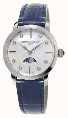 Frederique Constant Bracelet en cuir bleu serti de diamants slimline phases de lune pour femmes FC-206MPWD1S6