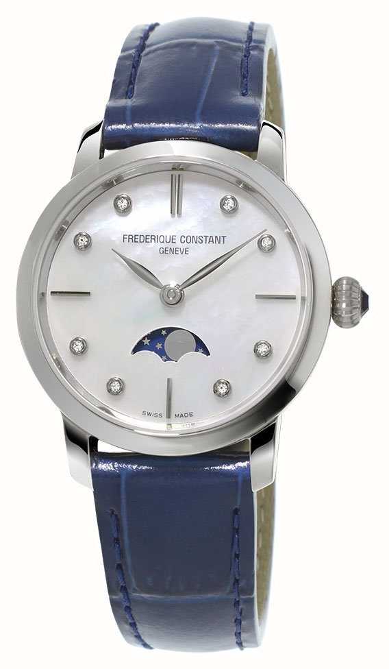 loto Notorio evidencia Frederique Constant Bracelet En Cuir Bleu Serti De Diamants Slimline Phases  FC-206MPWD1S6 - First Class Watches™ FRA