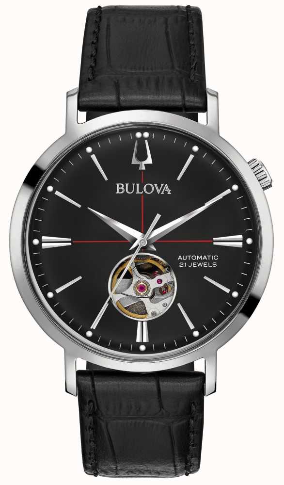 Bulova Montre automatique en cuir noir pour homme 96A201 Bulova Montre automatique en cuir noir pour homme 96A201
